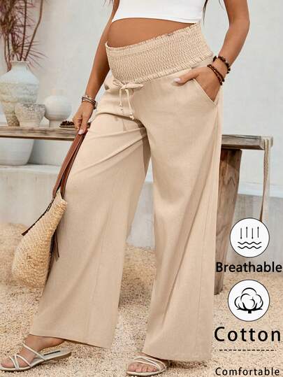 SHEIN Summer Maternity Clothes Maternity Pants  Pregnant Maternity Casual Everyday Apricot Cotton Low-Rise Trousers, With A Loose, Gathered Waistband For Comfort And No Constriction On The Pregnant Belly.  Maternity Solid Color Drawstring Waist Wide Leg Casual Pants