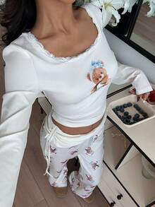 ZzzCrew 熊纹印花性感蕾丝边方领长袖睡衣套装 - 杏色 - 查看 7