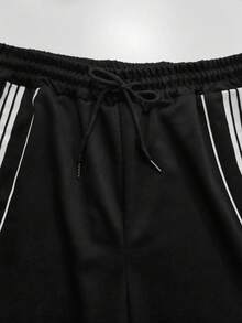 ROMWE MEN Men's Letter & Striped Round Neck Short Sleeve T-Shirt And Drawstring Waist Casual Pants Set - Black - View 5