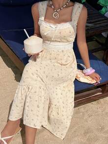 DAZY Camicia da notte lunga da donna con patchwork floreale, bordi a contrasto e cinturino largo in vita - Albicocca - Visualizzare 10