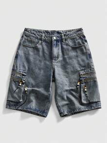 ROMWE MEN Men's Loose Fit Pocketed Zipper Design Wide Leg Casual Denim Shorts - Black - View 3