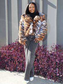 Steph T 女式虎纹仿毛领长袖夹克，秋冬 - 彩色 - 查看 1