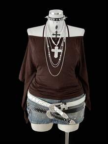 Sunspun Plus Size Women Retro Punk Style Off-Shoulder Ruched Waist Long Sleeve T-Shirt, Suitable For Daily Wear And Commuting - Coffee Brown - View 5