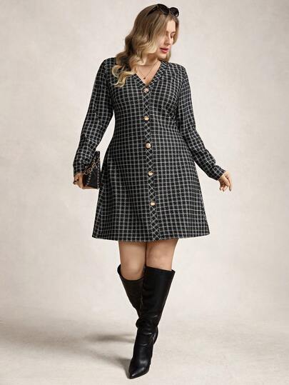 Zelara 大码针织纹理金属纽扣装饰连衣裙