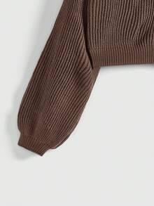 ROMWE Fairycore 大码女式休闲度假风花卉刺绣落肩宽松灯笼袖短款套头毛衣，秋冬款 - 棕色 - 查看 4