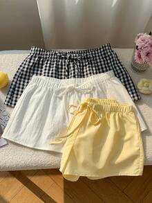 SHEIN CURVE+ Quần short ống rộng nhiều màu sắc, kiểu dáng thường ngày, dành cho nữ, chất liệu vải dệt họa tiết hình học với chi tiết thắt nút, hơi xuyên thấu. - Nhiều màu - Xem 8