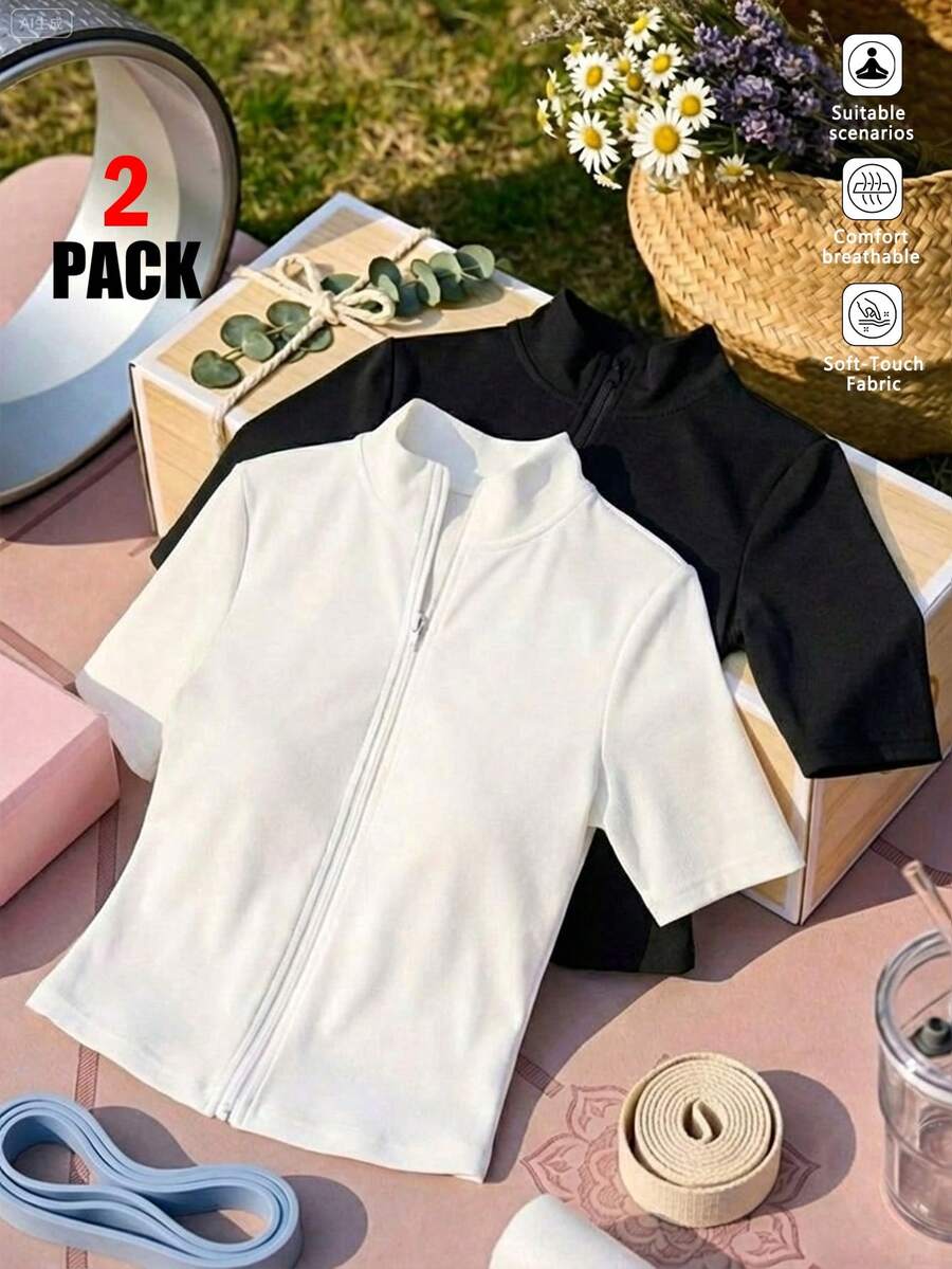 Comfortcana 2件套女士休闲简约黑白针织拉链七分袖T恤，春夏款，适合跑步、瑜伽、嘉年华等夏季轻薄穿着 - 彩色 - 查看 1