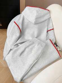 SHEIN 2pcs Plus Size Embroidered Hoodie And Sweatpants Set, Casual, Suitable For Spring, Autumn And Winter - Grey - View 2