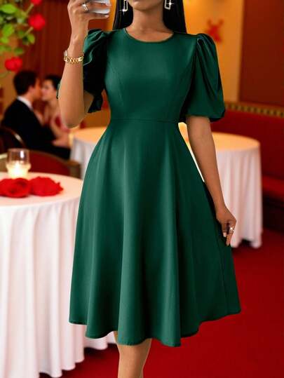 Lunelith SHEIN Lunessa Vestido largo de mujer con mangas abullonadas, cintura ceñida, color verde, para primavera y verano