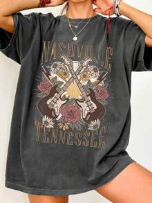 EMERY ROSE Camiseta casual holgada de cuello redondo con estampado de guitarra de la ciudad de la música retro para mujer - Gris Oscuro - Ver 4