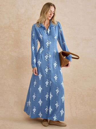 Écloséra All-Over Print Front Button Casual Long Sleeve Dress