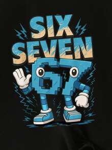 SHEIN 2件套男童休闲创意个性清新简约可爱数字67卡通闪电图案字母标语印花短袖T恤和短裤套装，舒适温暖的夏季款式，适合春夏季节，百搭套装 - 黑色 - 查看 6