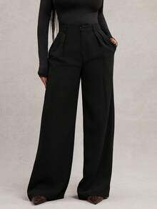 Radiana Plus-Size Women's Minimalist Fashion Black Loose Wide-Leg Pants, Commuter Pants, Black Wide-Leg Pants, High-Waisted Wide-Leg Pants, Black Suit Pants, Spring/Summer,Spring To Summer, - Black - View 1