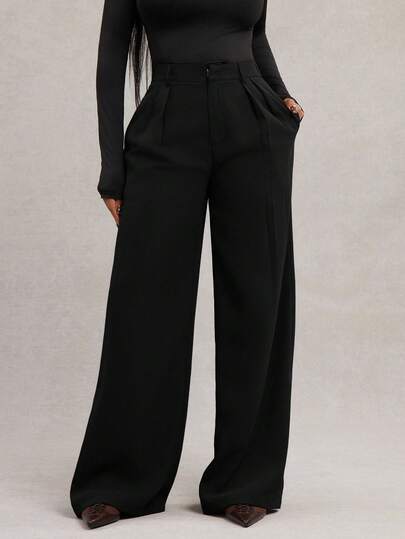 Radiana Plusstorlekar dam minimalistiska mode svarta lösa vida byxor, pendlarbyxor, svarta vida byxor, högmidjade vida byxor, svarta kostymbyxor, vår/sommar