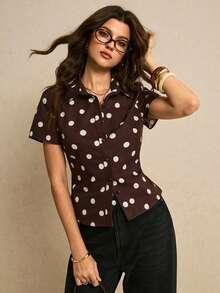 Poéselle 女士波点印花短袖单排扣休闲衬衫，棕色上衣，波点上衣，优雅女士衬衫，女士休闲衬衫，女士度假装，Y2K风格上衣，夏季上衣，春季女装，女士外出上衣，春夏款 - 棕色 - 查看 2