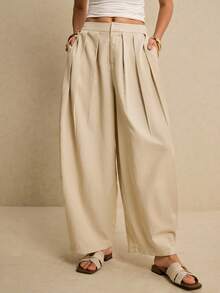 Poéselle 女士休闲日常通勤简约百搭纯色褶裥宽松阔腿裤 - 卡其色 - 查看 5