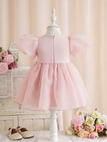 SHEIN 优雅可爱的粉色薄纱蝴蝶结短袖公主裙，正式场合着装 - 粉色 - 查看 2