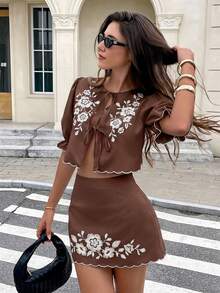 Serisse Women Floral Embroidery Contrast Trim Tie Front Top And Mini Skirt Set - Brown - View 1