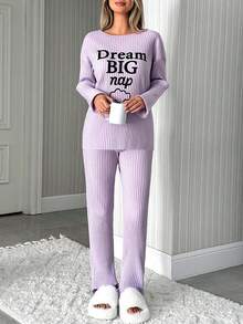 Loomlin Dream Big Nap – Soft Ribbed Knit Lounge Pajama Set For Women, Long Sleeve Relaxed Fit Sleepwear With Cloud Graphic Print, Cozy & Chic Nightwear Co-Ord - Lilac Purple - View 6