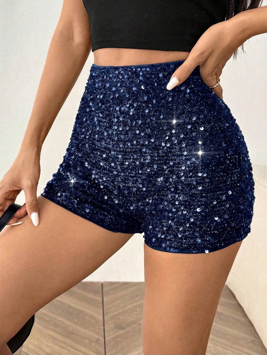SHEIN EZwear 海军蓝音乐节派对女式针织短裤 - 藏蓝色 - 查看 1