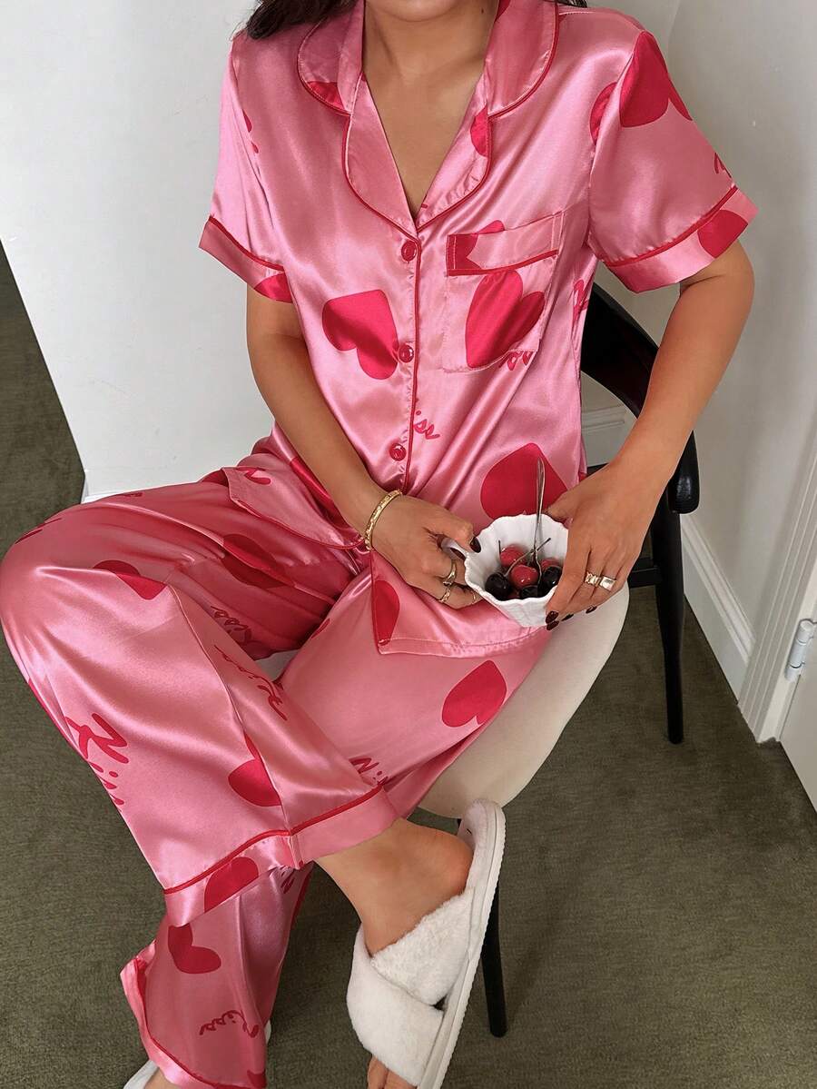 Dream Adore Heart Print Lapel Short Sleeve Pajama Set Satin Sleepwear Set Heart Print Pajamas Pink Sleepwear Women Satin Pajamas Set Pink Satin Pajamas Set Pink Silk Pajamas Set Silk Pjs Set - Pink - View 1