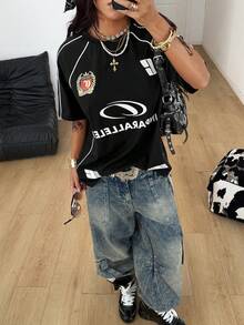 Coolane Y2K 运动风撞色短袖T恤，街头风百搭女款 - 黑色 - 查看 3