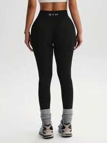 Dewbera 1pc Women's Black Printed Tight Leggings, Seamless Knit High Stretch Comfortable Yoga Fitness Sports Pants, Autumn/Winter