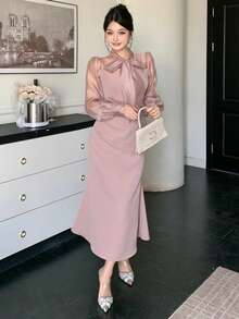 DAZY 女士优雅拼接系领泡泡袖褶裥中长连衣裙，秋冬款