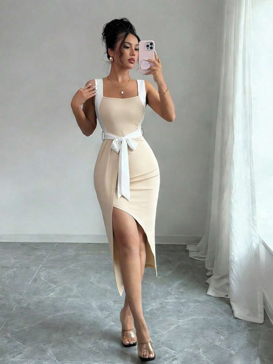 Rafferiza 不对称修身蝴蝶结通勤简约风格连衣裙，女士，春夏款 - 杏色 - 查看 1