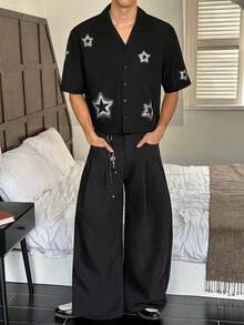 SWAVVY Men's Fashion Rhinestone Embellished Short Sleeve Shirt, Spring/Summer - Black - View 7