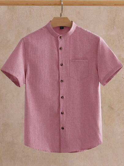 HIMLAND Men's Solid Color Casual Commuter Woven Short Sleeve Pocket Shirt Summer Shirts For Men Shirts For Men Casual Linen Shirts For Men Woven Fabric Men Shirts Shirt For Man Casual Shirts For Men Plain Shirt For Men