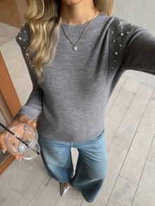 Elyressa Jersey de cuello redondo de manga larga con adornos de perlas para mujer - Gris - Ver 1