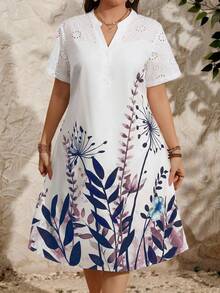 EMERY ROSE Vestido de verano de talla grande para mujer con bordado de ojal y estampado floral patchwork - Púrpura polvoriento - Ver 5