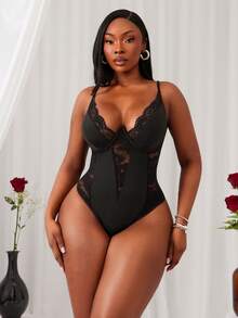 SHEIN SXY Plus Size Fashionable Sexy Lace Patchwork Backless Bodysuit,Suitable For Dates, Gatherings, Parties, Clubs, Nightlife Mesh Two Pieces Set Black Lace/Valentine's Day,Suitable For Banquet,Feast,Dinner Party,Prom,Ball,Urban,Versatile,Sexy Office Siren,Cruise Attire,Vintage,Festival,Concert,Carnival,Outing,Richly Layered,Holiday,Date Night,Gathering,Birthday,Bachelorette Party Outfit ,Cocktail,Formal Event - Black - View 8
