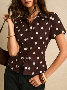Poéselle 女士波点印花短袖单排扣休闲衬衫，棕色上衣，波点上衣，优雅女士衬衫，女士休闲衬衫，女士度假装，Y2K风格上衣，夏季上衣，春季女装，女士外出上衣，春夏款 - 棕色 - 查看 1