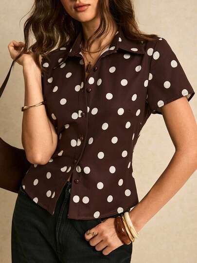 Poéselle 女士波点印花短袖单排扣休闲衬衫，棕色上衣，波点上衣，优雅女士衬衫，女士休闲衬衫，女士度假装，Y2K风格上衣，夏季上衣，春季女装，女士外出上衣，春夏款