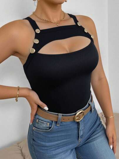 Almamuse 大码女士性感简约纯色金属扣胸镂空修身背心，夏季