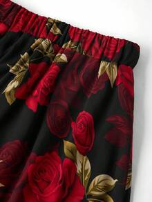 Ellevyn 女士纯红色不对称肩部褶皱露脐上衣搭配印花雪纺A字裙两件套，优雅百搭，适合日常穿着、情人节和早春场合。 - 彩色 - 查看 16