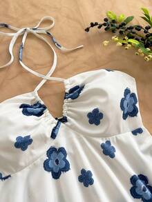 Soleia Women's Vacation Oil Painting Style Print Front & Middle Keyhole Tie Neck Camisole, Autumn/Winter Undershirt - Blue and White - View 6