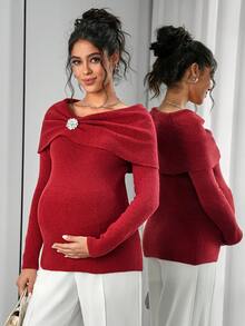 SHEIN Suéter plegable con decoración de rhinestones para maternidad - Rojo - Ver 3