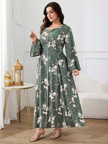 Al Najma 大码女式印花喇叭袖纽扣设计优雅阿拉伯连衣裙 - 紅色 - 查看 4