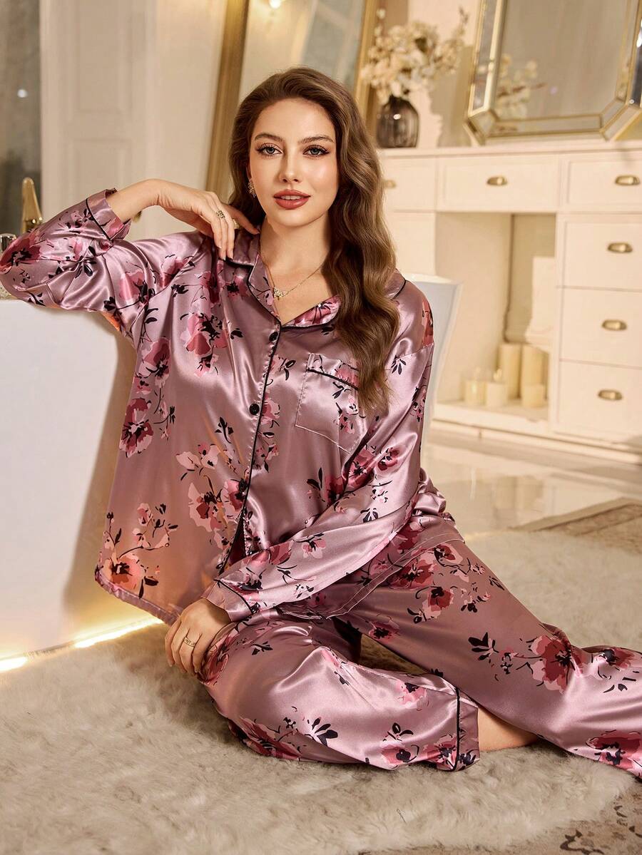 MuseNap CURVE Bộ đồ ngủ dài tay cỡ lớn dành cho nữ, chất liệu satin in hoa. - Màu Cam san hô - Xem 1