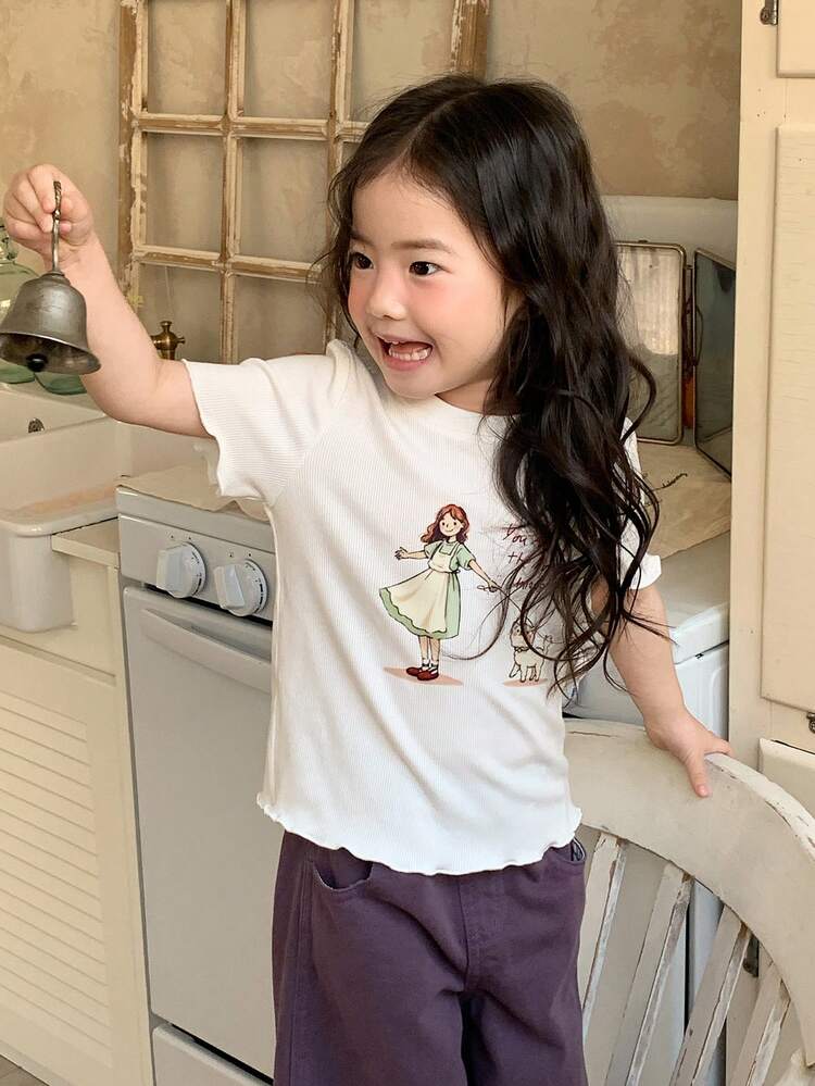 Toddler Girls' Cute Cartoon Print Casual Round Neck Short Sleeve Top