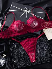 2pcs Set Mature Rose Red Lace Patchwork Lingerie Set