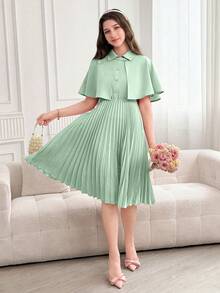 SHEIN 2pcs/Set Vintage Elegant Shawl Collar Pleated Hem Dress With Shirt For Teen Girls - Green - View 5