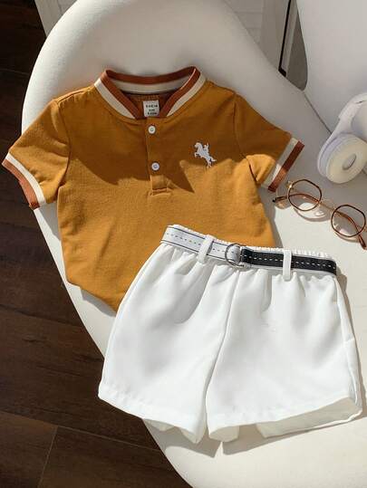 SHEIN 3件套男婴休闲学院风翻领polo衫，白色短裤配腰带，适合生日派对、锐舞派对、晚宴、演出、婚礼、迎婴派对、一周岁生日庆祝等场合。