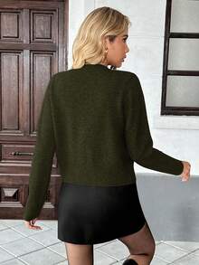 SHEIN PariChic Áo khoác cardigan dệt kim tay dài cài nơ dành cho nữ, thích hợp mùa Thu/Đông. - xanh quân đội - Xem 2