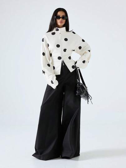 LYSMO 2026 New Arrive Minimalism Spring/Summer Women's Turtleneck Long Sleeve Cinched Waist Zipper Polka Dot Fashionable Sweatshirt/Spring Women/Spring Breaks/Valentine's Day /Valentines For Women/ Valentine /Birthdays For Women /Birthday/Going Out Top / Going Out Top For Women /Elegant Dress Women / Casual Blouses For Women / Holidays For Women/Y2k/Y2k /2000s Style/ Polka Dot Top/ Polka Dot/White Top/White Top For Women