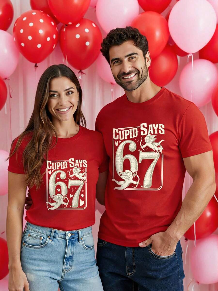 Manfinity Homme Men's Angel Letter Print Round Neck Short Sleeve Casual T-Shirt - Red - View 1