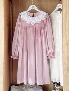 Vintaside Kids Girls' Lace Collar Long Sleeve Elegant & Simple Dress, Suitable For Parties, Travel, Vacation, Or Casual Wear - Hot Pink - View 3